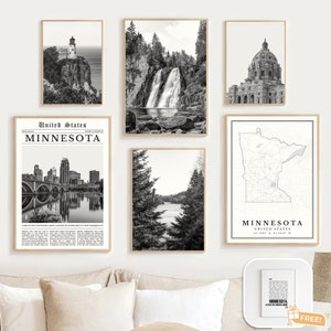 Digital Minnesota State Black and White Print Set of 6, Minnesota Map Decor, Minnesota Wall Art, MN Minnesota Travel Poster, Minnesota Gifts
