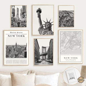 New York City Print Set of 6, Black And White New York Map Decor, New York Wall Art Photos, NY Travel Poster, New York Decorations, NYC Gift