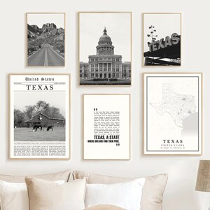 Digitale Texas print set van 6, Texas zwart-wit, Texas Gifts, Texas kaart afdrukbare, Texas State Wall Art Poster, Texas Art Travel decor