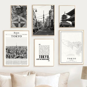 Digitale Tokio print set van 6 zwart-wit, Tokio stadskaart poster, Tokio kunst aan de muur fotografie, Tokio reisdecor, Tokio cadeau, Japan foto