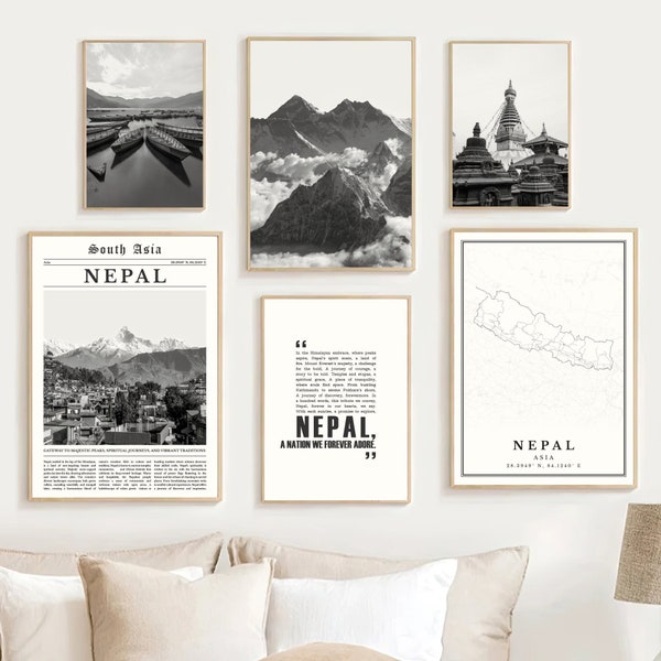Digital Nepal Black and White Print Set Of 6, Nepal Map Decor, Nepal Wall Art Photo, Nepal Art Print, Nepal Gifts, Asia Nepal Travel Poster