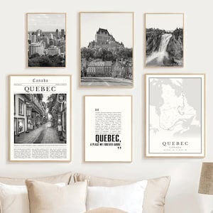 Lot de 6 impression numérique Québec noir et blanc, carte du Québec photo, art mural Québec, affiche de voyage Québec, Montréal, cadeaux du Canada