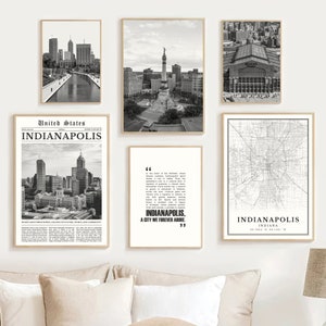 Digitale Indianapolis zwart-wit print set van 6, Indianapolis kaart decor, Indianapolis muurkunst, Indiana reisposter, Indianapolis cadeau
