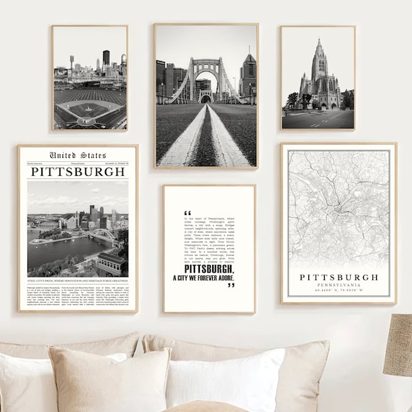 Lot de 6 impressions numériques Pittsburgh noir et blanc, carte de Pittsburgh, art mural affiche Pittsburgh, décoration Pennsylvanie, cadeaux des Steelers de Pittsburgh