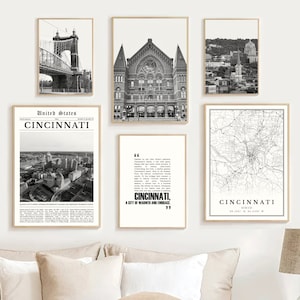 Cincinnati print set van 6, zwart-wit Cincinnati kaart decor, Cincinnati reisposter, Cincinnati kunst aan de muur, Ohio Cincinnati fotocadeaus