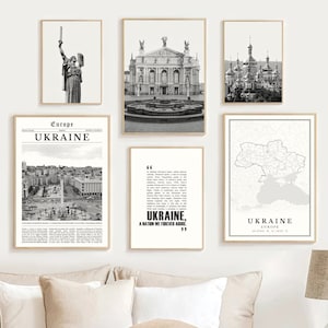 Digitale Oekraïne wordt afgedrukt set van 6, zwart-wit Oekraïne kaart decor, Oekraïne reisposter, Oekraïne muur kunst, Europa Oekraïne cadeau, Kiev, Lviv
