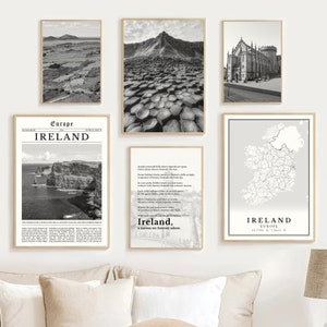 Digitale Ierland print set van 6, zwart-wit Ierland kaart foto, Ierland kunst aan de muur decor, Ierland reisposter Europa afdrukbaar Iers cadeau