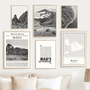 Digitale Maui Hawaii print set van 6, zwart-wit Maui kaartfoto, Maui Wall Art Poster, Maui cadeau decor Lao Needle Road to Hana, Haleakala