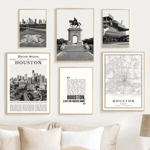 Digitale Houston print set van 6, Houston zwart-wit decor, kaart Texas Houston, Houston reisposter, Houston Wall Art foto Houston cadeau