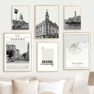 Digitale Havana print set van 6, zwart-wit Havana kaart, Havana poster muurkunst, Havana reisfoto, Cuba Havana decor geschenken, La Habana