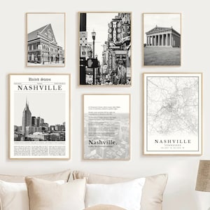 Digitale Nashville zwart-wit print set van 6, Nashville kaart, Nashville City poster Wall Art Decor, USA fotografie, Tennessee fotocadeau