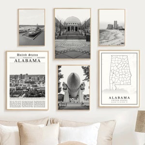 Alabama Print Set Of 6, Black and White Alabama Map, Alabama Wall Art, Alabama Decor, Alabama Travel Printable, Alabama Poster, Alabama Gift