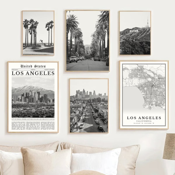 Los Angeles Print Set Of 6, Black and White Los Angeles Map Photos, Los Angeles Gifts Wall Art, Los Angeles Travel Poster, California Decor