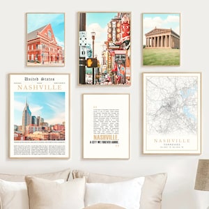 Digitale Nashville print set van 6, Nashville kaart decor, Nashville City Wall Art, Nashville Travel poster, USA Tennessee Photo, Nashville cadeau