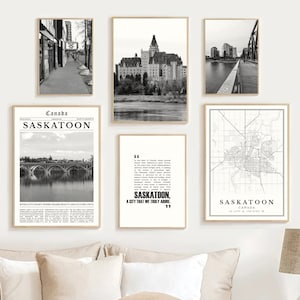 Digitale Saskatoon print set van 6 zwart-wit, Saskatoon kaart kunst aan de muur, Saskatoon decor, Saskatoon reisposter, Saskatchewan Canada cadeau