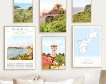May include: A set of six framed prints featuring scenic views of Guam, including a lighthouse, a lookout point, a beach, and a map of the island. The prints are in a modern style with a white background and a gold frame.