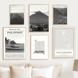 Digitale Filippijnse print set van 6 zwart-wit, Filipijnse kaart, Filipijnse poster, Filippijnse muur kunst reiscadeau, Filipijnse kunst decor