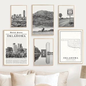 Oklahoma Print Set of 6, Black and White Oklahoma State Map Decor, Oklahoma Wall Art, Oklahoma Travel Poster, Oklahoma Gifts, Oklahoma Photo