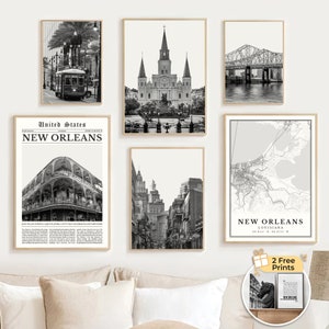 New Orleans Print Set Of 6, Black and White New Orleans Art Travel Poster, New Orleans Map Photo, New Orleans Wall Art Decor Louisiana Gifts