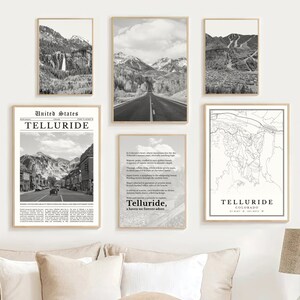 Digitale telluride Colorado print set van 6, zwart-wit telluride kaart decor, telluride kunst aan de muur, telluride geschenken, telluride reisposter