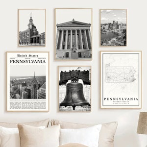 Juego de 6 impresiones digitales de Pensilvania, decoración de mapa de Pensilvania en blanco y negro, póster de viaje de arte mural de Pensilvania, foto de regalo de Pensilvania, EE. UU.