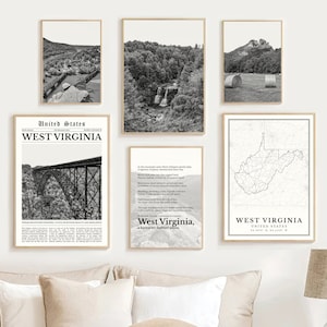 Digitale West Virginia print set van 6, zwart-wit West Virginia kaart foto, West Virginia kunst aan de muur, West Virginia reisposter, WV geschenken