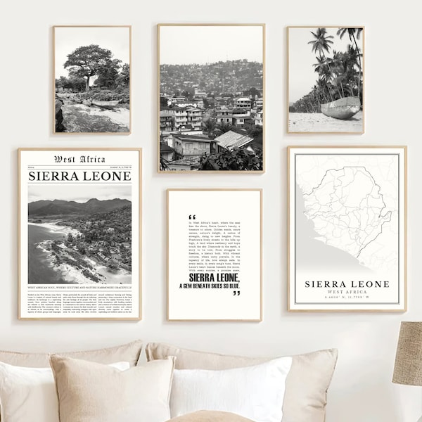 Digital Sierra Leone Print Set Of 6 Black and White, Sierra Leone Map Decor, Sierra Leone Wall Art, Sierra Leone Gifts, Africa Travel Poster