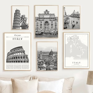 Italy Prints Set Of 6, Black and White Italy Map Decor, Italy Wall Art Printable, Italy Travel Poster Italy Art Decoration Photo, Italy Gift
