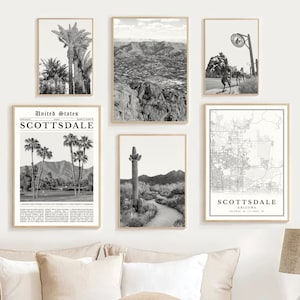 Scottsdale zwart-wit prints set van 6, Scottsdale kaart decor, Scottsdale poster, Scottsdale kunst aan de muur foto's, Scottsdale AZ Arizona geschenken