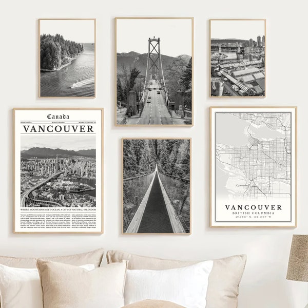 Digital Vancouver Black and White Print Set Of 6, Vancouver Map Print, Vancouver Wall Art, Vancouver Poster, Vancouver Art, Canada Decor Art