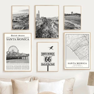 Santa Monica Print Set of 6, Santa Monica Map Decor, Santa Monica Wall Art Photos, Santa Monica Travel Poster, Santa Monica California Gifts