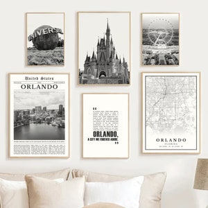 Digitale Orlando zwart-wit print set van 6, Orlando Florida reisposter, Orlando kaart kunst aan de muur, Orlando Gifts foto, Orlando Art Decor
