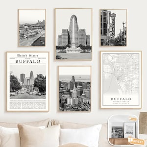 Digital Buffalo Black and White Print Set Of 6, Buffalo New York Map, Buffalo NY Art Travel Poster, Buffalo City Decor Photo, Buffalo Gifts