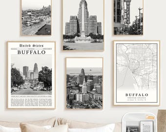 Digital Buffalo Black and White Print Set Of 6, Buffalo New York Map, Buffalo NY Art Travel Poster, Buffalo City Decor Photo, Buffalo Gifts