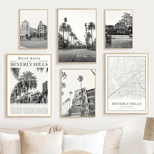 Beverly Hills Print Set Of 6, Black and White Beverly Hills Map Decor, Beverly Hills Hotel Poster, Beverly Hills Wall Art, California Gifts