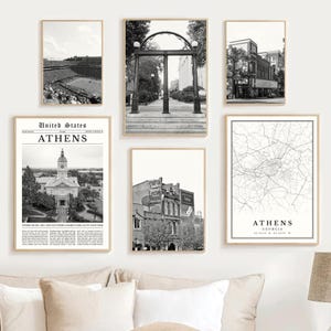 Digital Athens Georgia Print Set of 6, Black and White Athens Map Decor, Athens GA Wall Art, Athens Travel Poster, Athens Photo, Athens Gift