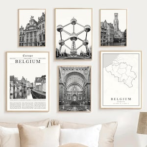 Belgium Print Set Of 6, Black and White Belgium Map Decor, Belfort Wall Art Photos, Bruges Travel Poster, Antwerp, Atomium, Belgium Gifts