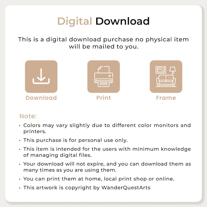 May include: Digital download graphic with a download icon, a printer icon, and a picture frame icon. The text reads "Digital Download" and "This is a digital download purchase no physical item will be mailed to you."