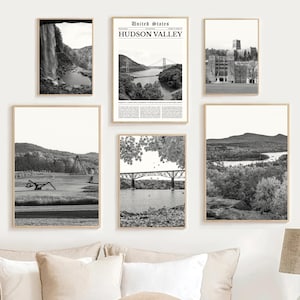 Hudson Valley New York Print Set Of 6, Black and White Hudson Valley NY Poster, Hudson River Art, Bear Mountain, Catskill Kaaterskills Falls