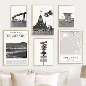 Coronado Prints Set Of 6, Black and White California Wall Art Photos, Coronado CA Map Decor, San Diego Gifts, Coronado Beach Travel Poster