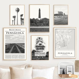 Pensacola Florida Print Set Of 6, Black And White Pensacola Map Decor, Pensacola FL Travel Poster, Pensacola Beach Wall Art, Pensacola Gifts