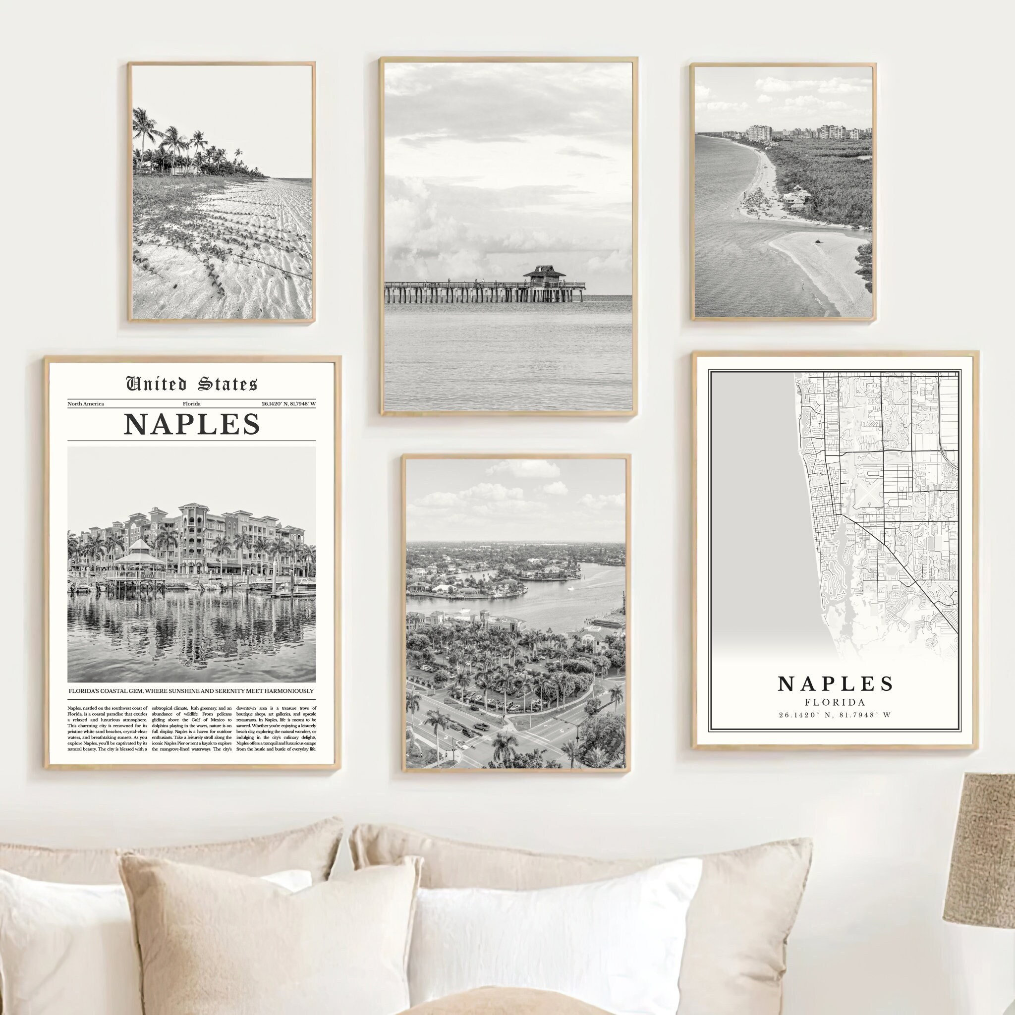 Naples Florida Print Set of 6, Black and White Naples Florida Map