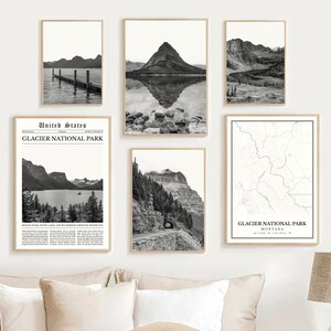 Glacier National Park Print Set 6, Black And White Map Decor, Montana Wall Art, St Mary Lake, Going To The Sun Road, Hidden Lake Logan Pass