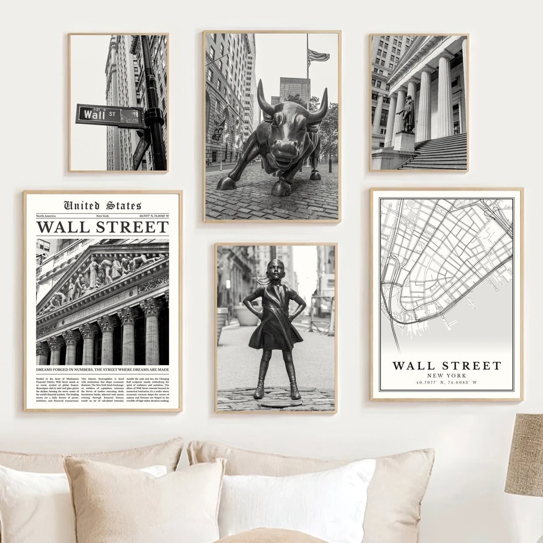 Digital Wall Street Print Set of 6, Black and White Wall Street Wall