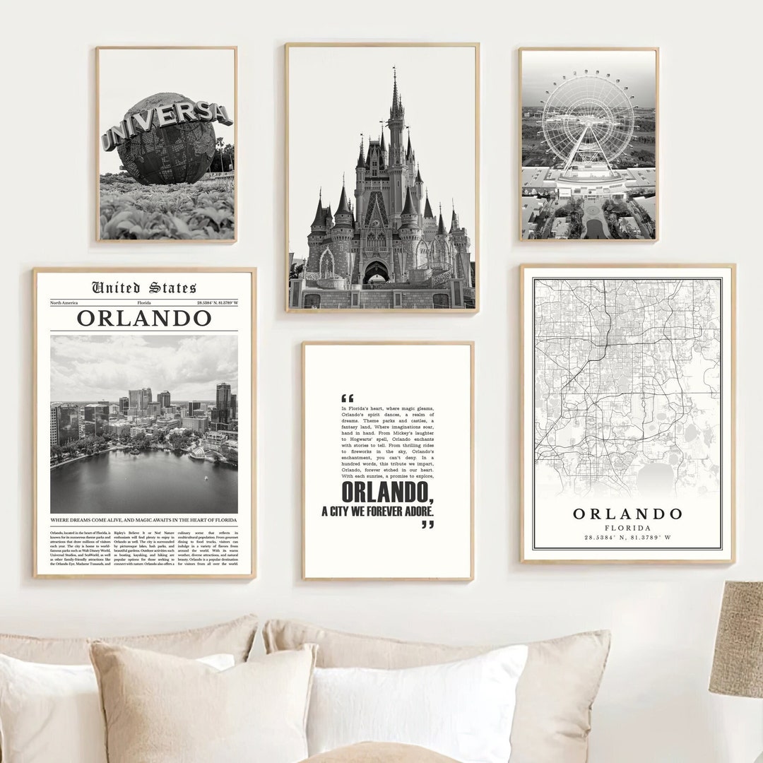 Digital Orlando Black and White Print Set of 6, Orlando Florida Travel