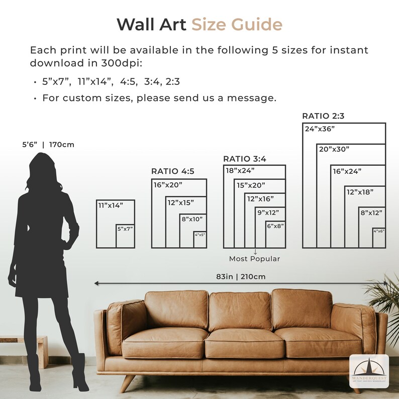 May include: A size guide for wall art prints, showing different sizes and ratios for prints, including 5"x7", 11"x14", 16"x20", 12"x15", 8"x10", 18"x24", 15"x20", 12"x16", 9"x12", 6"x8", 24"x36", 20"x30", 16"x24", 12"x18", and 8"x12". The guide also shows a woman standing next to a couch, to help visualize the size of the prints.