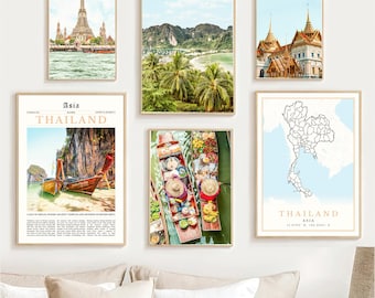 Thailand Print Set Of 6, Thailand Map Decor, Phuket Wall Art Photo, Bangkok Travel Poster, Pattaya Digital Artwork Chiang Mai Printable Gift