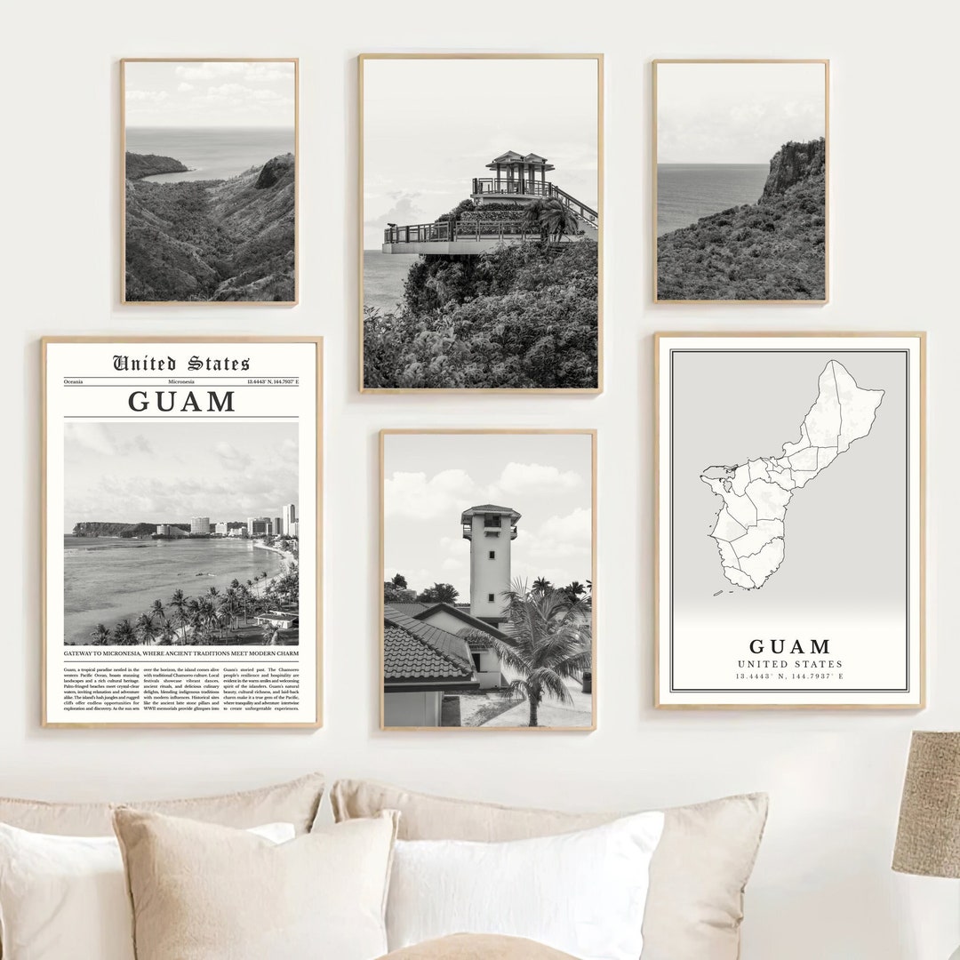 Guam Print Set of 6, Black and White Guam Map, Digital Guam Art Print, Guam Wall Art Photos