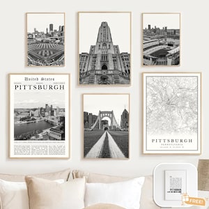 Pittsburgh Pennsylvania Print Set of 6, Black and White Pittsburgh Map Decor, Pittsburgh Wall Art Photos, PA Pittsburgh Travel Poster Gifts