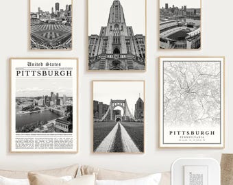 Pittsburgh Print Set Of 6, Black & White Pittsburgh Map Decor, Digital Wall Art Photo, Pennsylvania Travel Poster, Pittsburgh Steelers Gifts